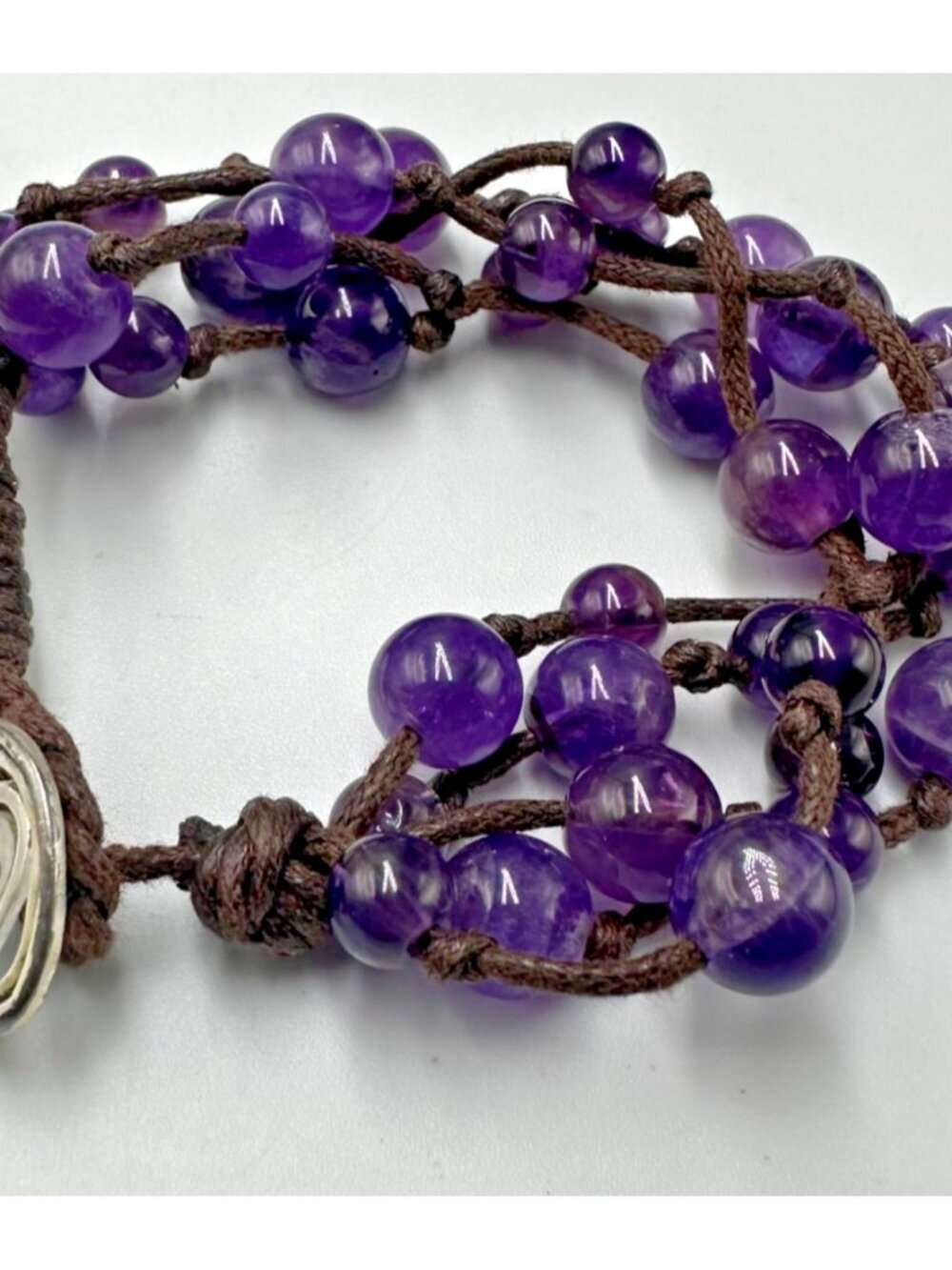 Amethyst Beaded Bracelet Sterling Silver Heart Clasp Brown Cord Bohemian 6"